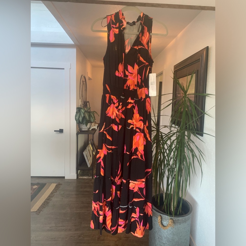 MSK Fiery Floral Sleeveless Black Pink‎ Orange Maxi Dress Women’s Small NWT